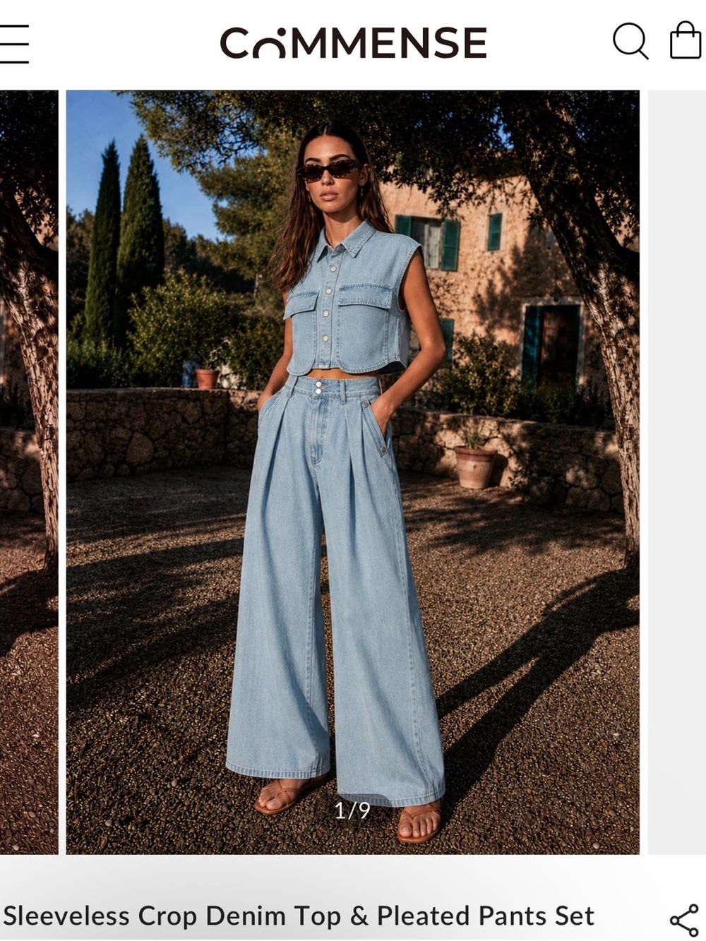 Commense Light Blue Sleeveless Crop Denim Top & Wide Leg Pleated Pants Set